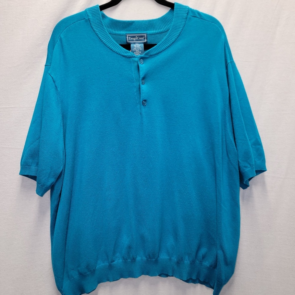 80s 90s Tropicool‎ Teal Sz 2XL Womens Short Sleeve Henley Style No Collar Vtg
